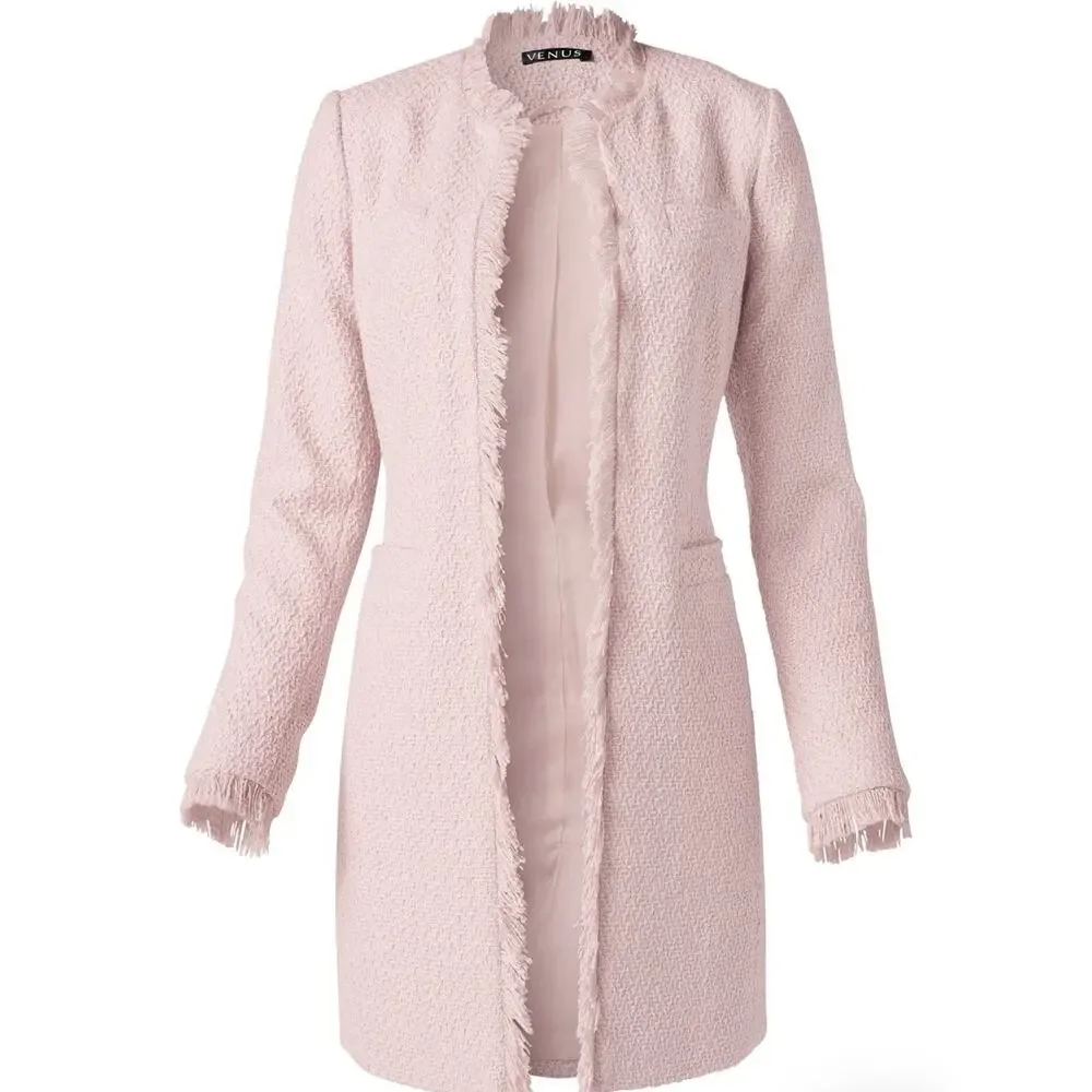 Venus Open Front Tweed Fringe Jacket, light pink Long size medium Size 8 Career - Picture 4 of 12